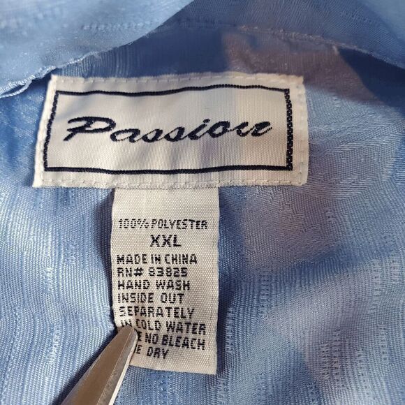 Passion Shirt Men 2XL Blue Polyester Short Sleeve Side Slit Collared Button Down - Picture 2 of 8